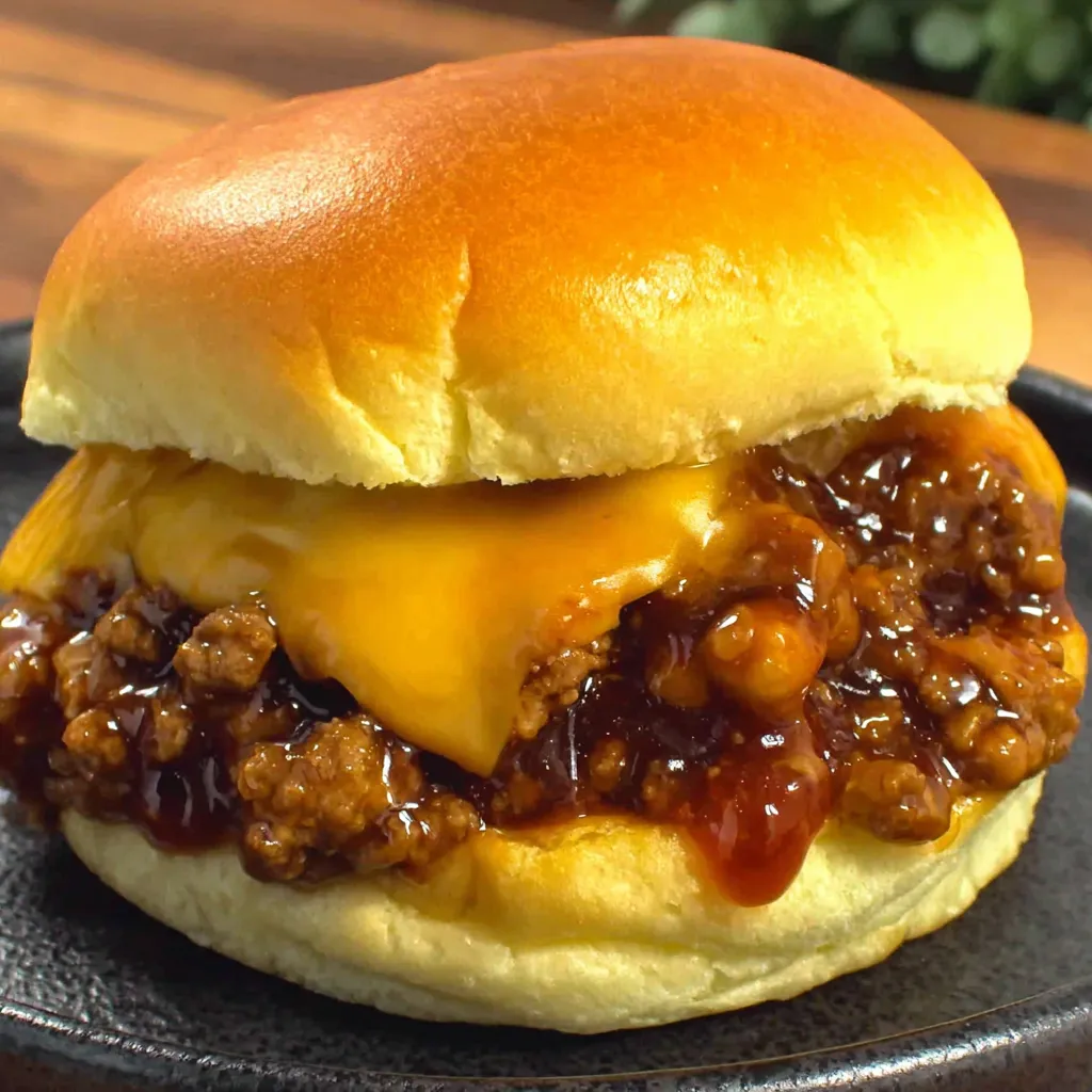 A sloppy joe sandwich with cheese and barbecue sauce.