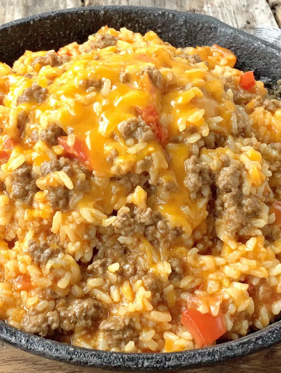 A bowl of cheesy queso ground beef and rice.
