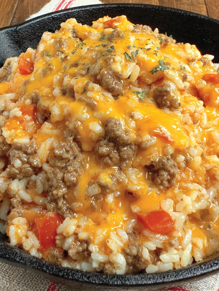 A bowl of cheesy queso ground beef and rice.