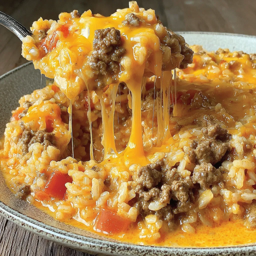 A bowl of cheesy queso ground beef and rice.