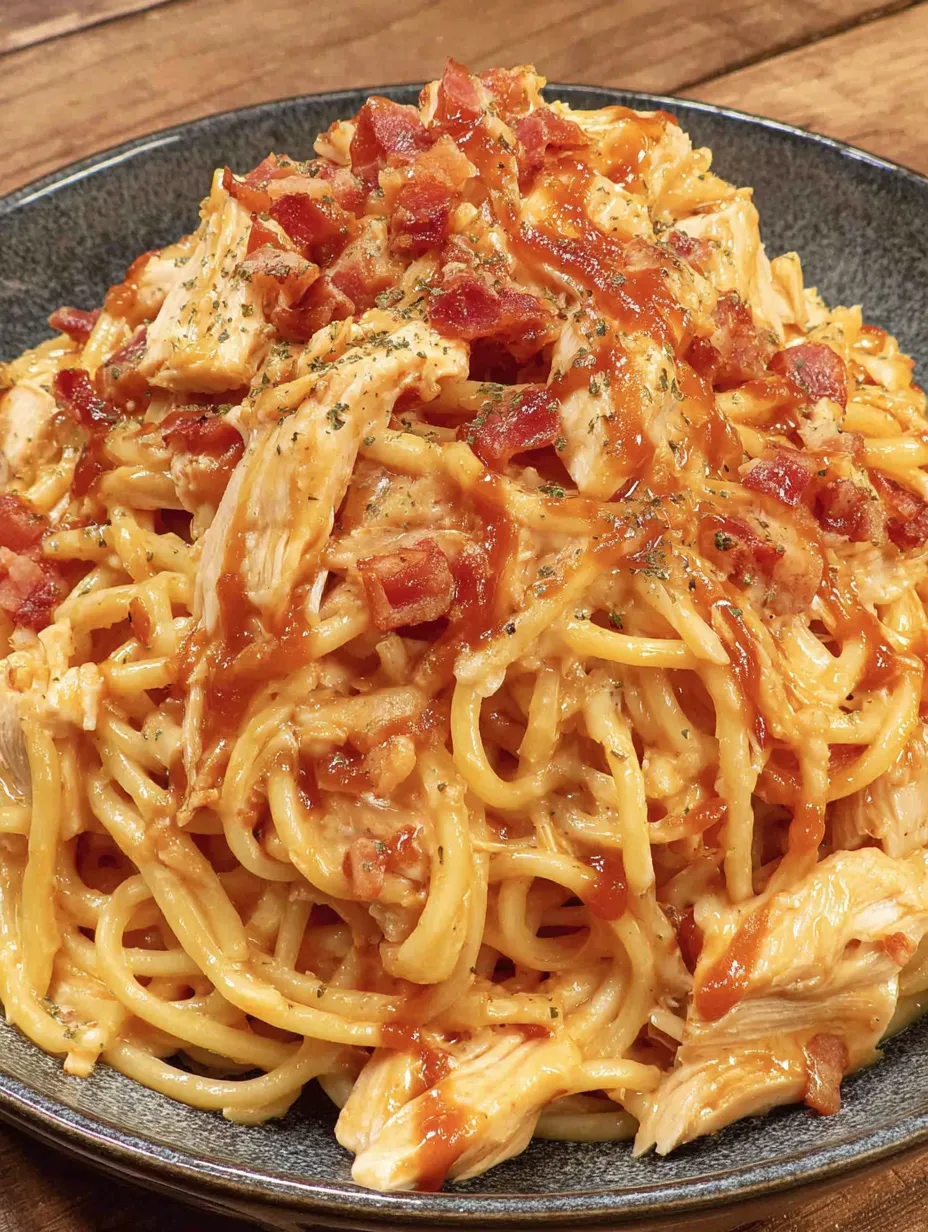 A plate of spaghetti with chicken and sauce.