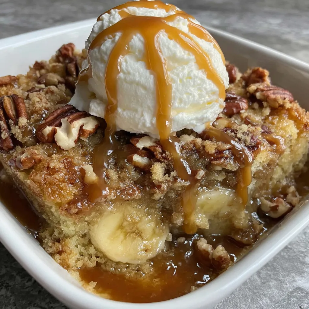 A slice of banana crumb cake with a scoop of ice cream on top.