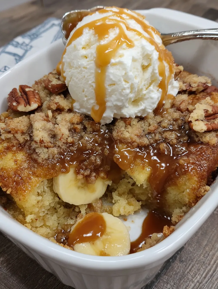 A slice of banana crumb cake with a scoop of ice cream on top.
