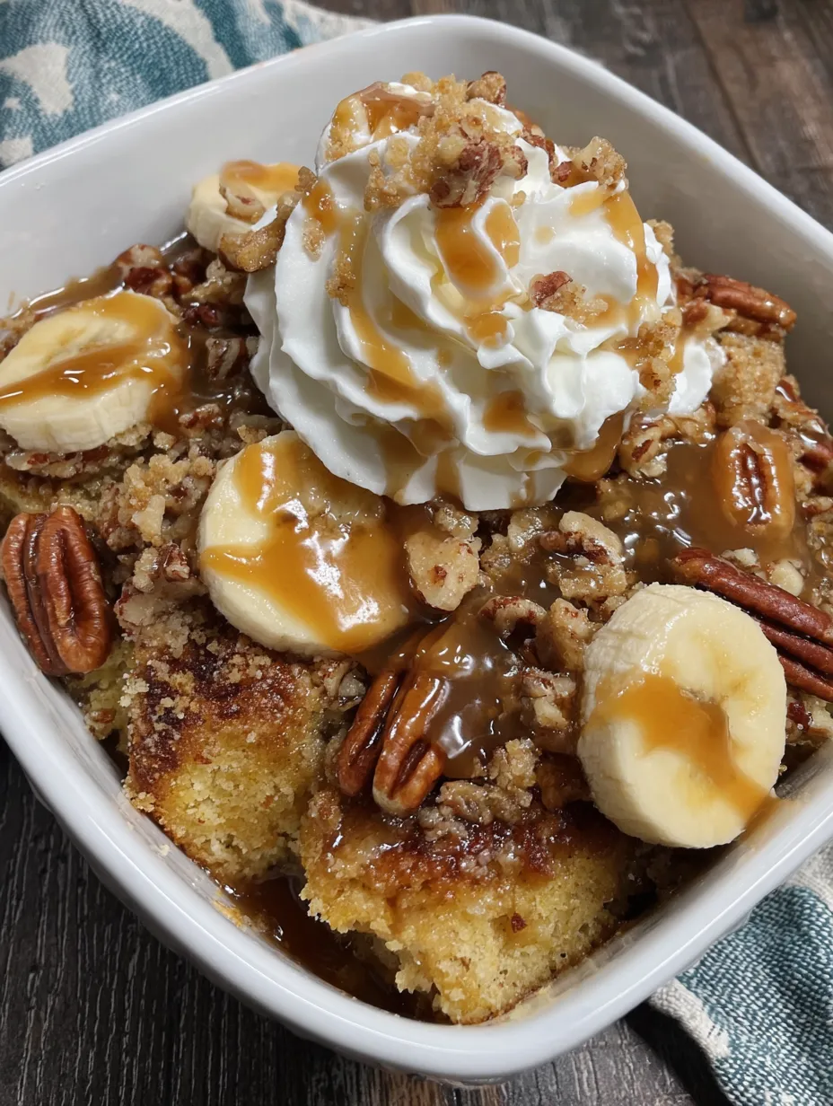 A bowl of banana crumb cake with a dollop of whipped cream on top.