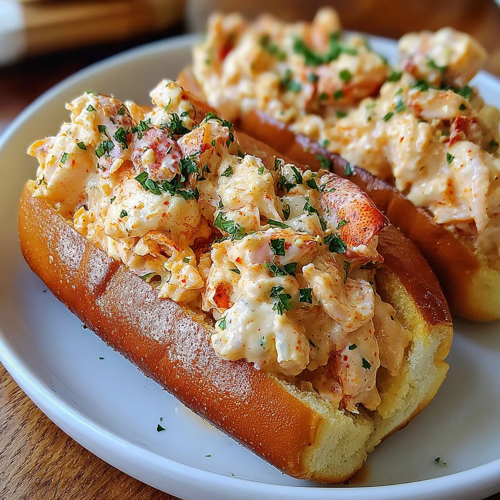 Two lobster rolls on a plate.