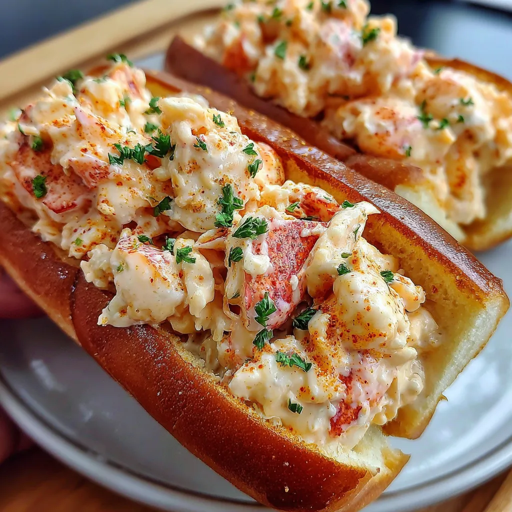A lobster roll with a bun and a green garnish.
