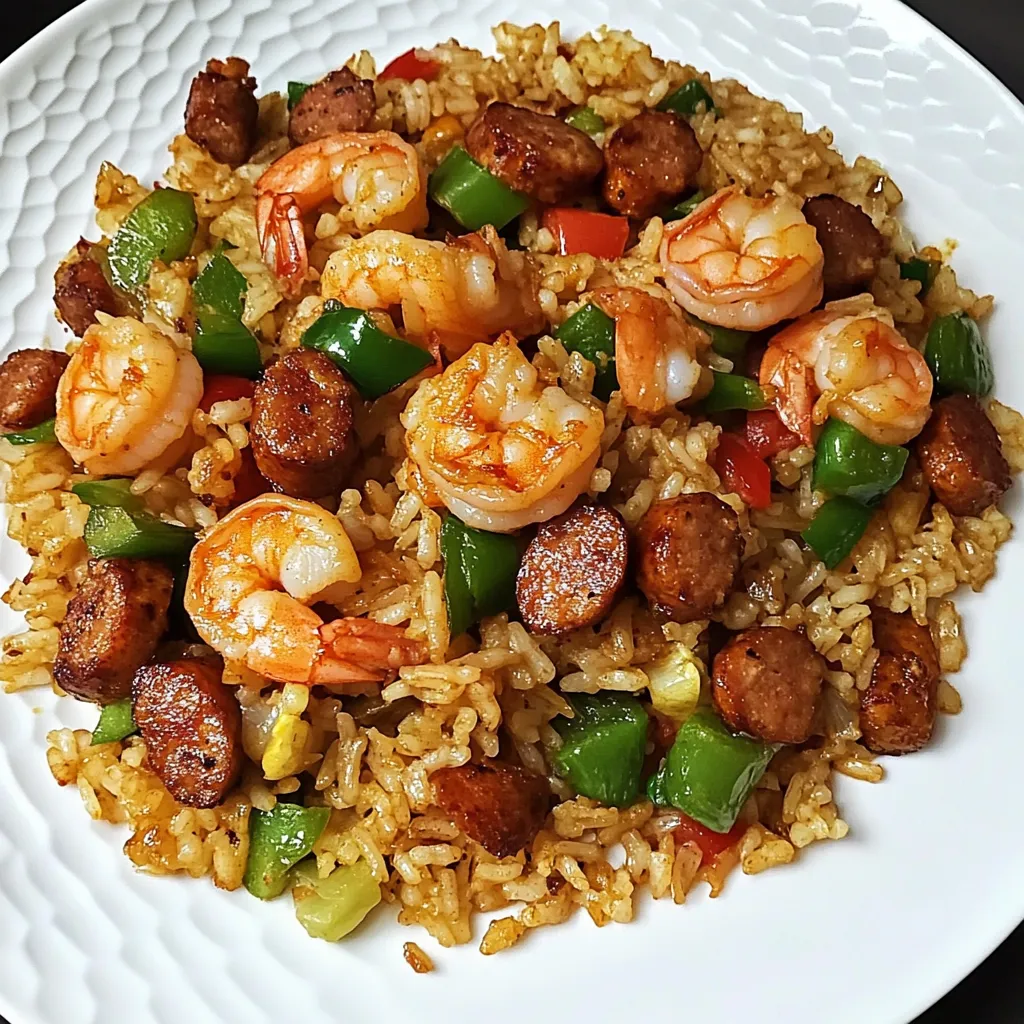 A plate of rice with shrimp and peppers.