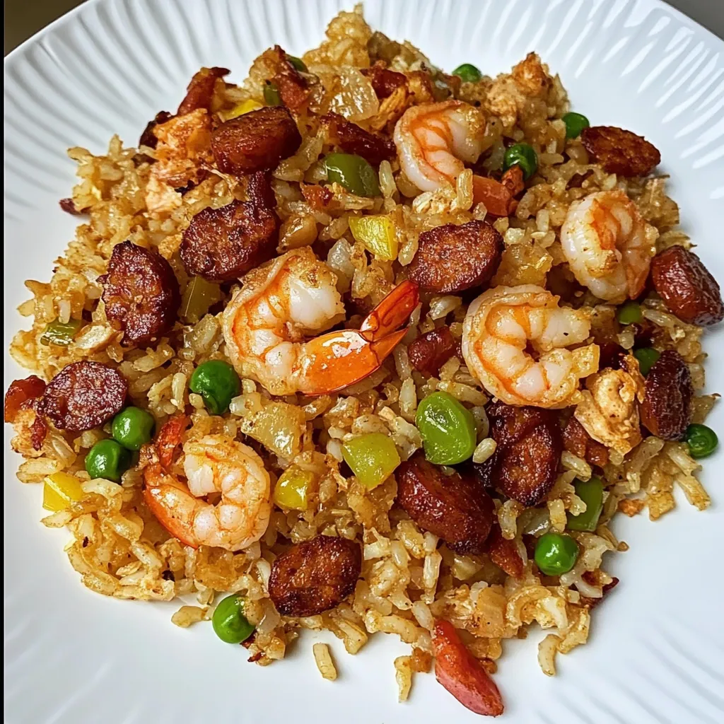 A plate of rice with shrimp and sausage.