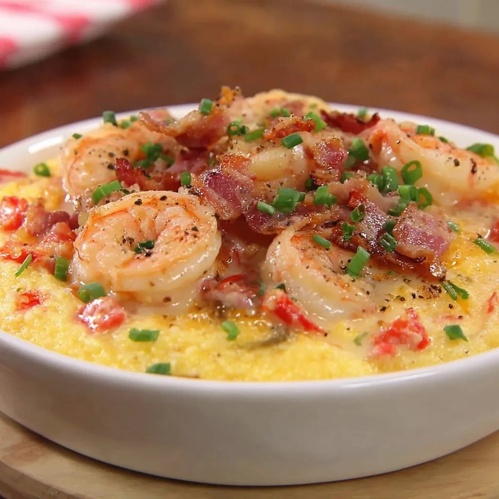 A white bowl filled with shrimp and grits.