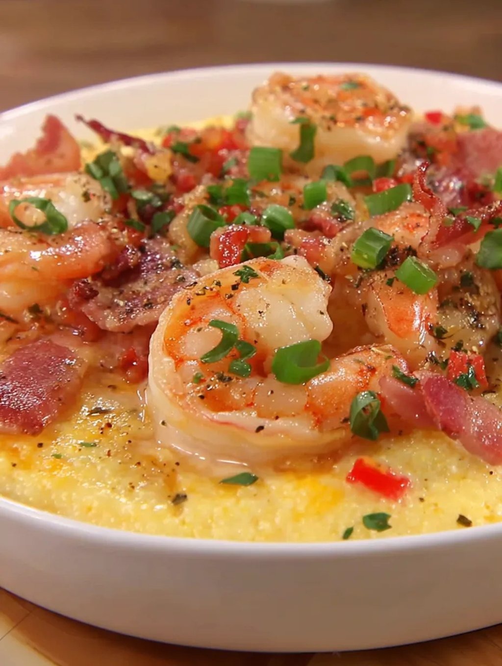 A bowl of shrimp and grits casserole.