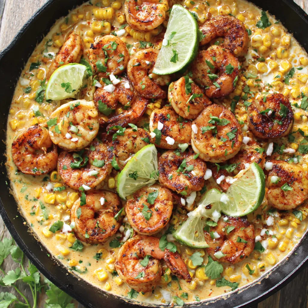 A pan of shrimp and creamed corn.