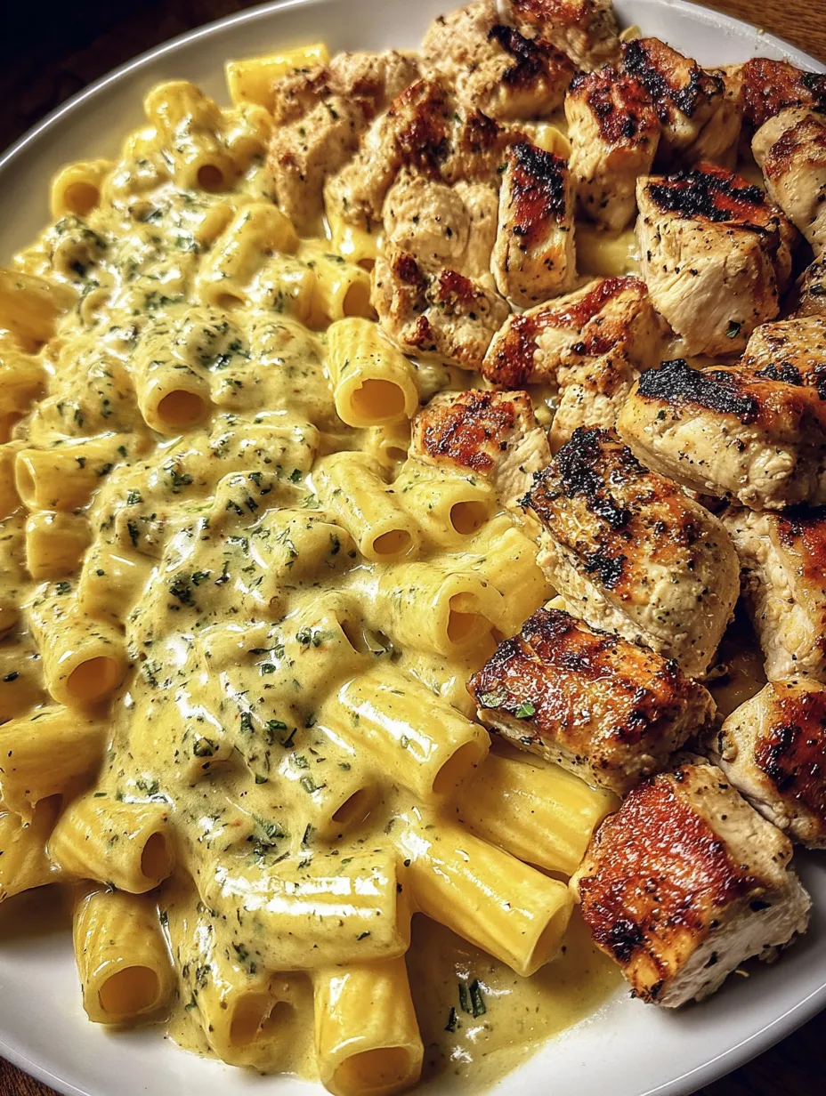 A plate of food with chicken, pasta, and sauce.