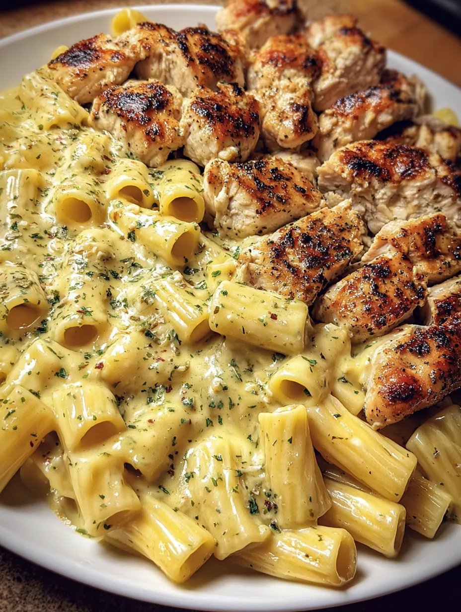 A plate of food with chicken, pasta, and sauce.