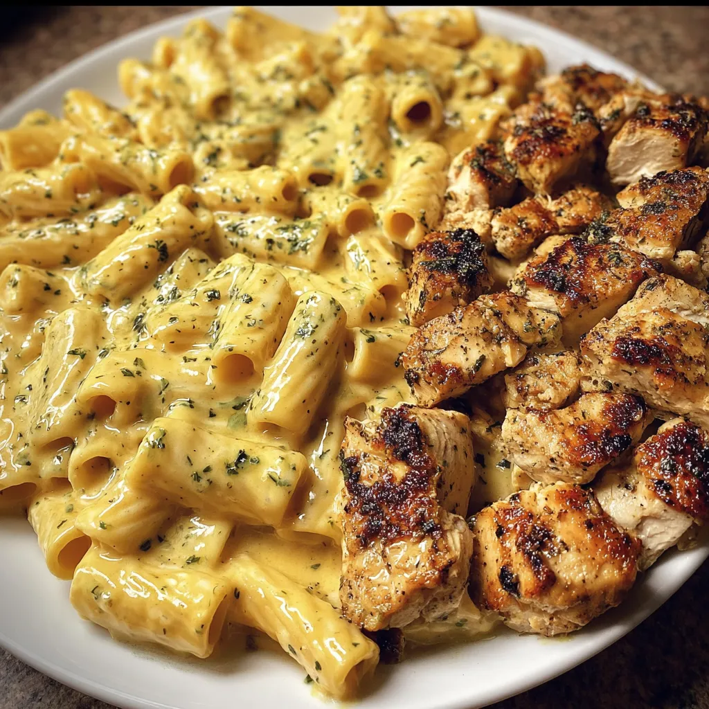 A plate of pasta with chicken and garlic butter.