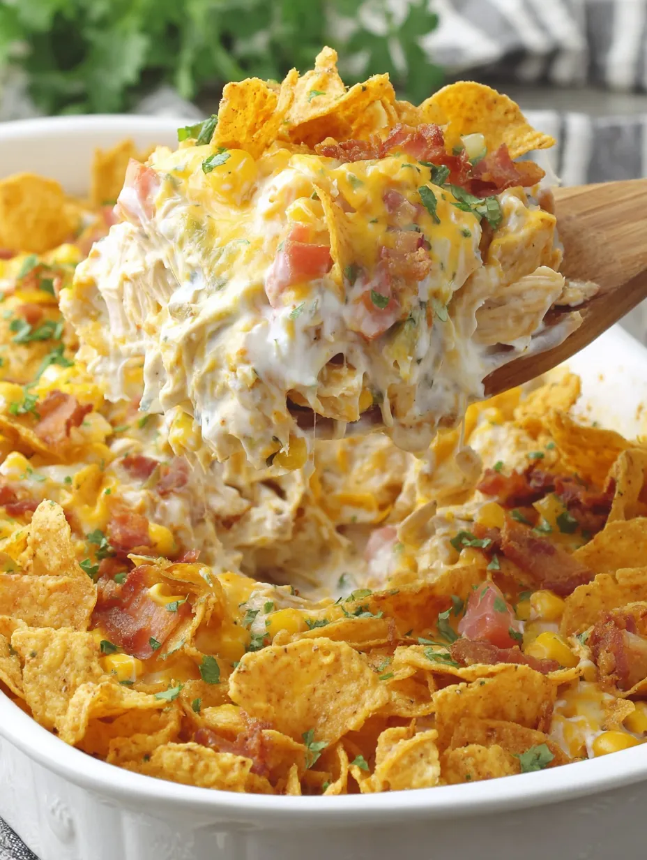 A bowl of Dorito chicken casserole.