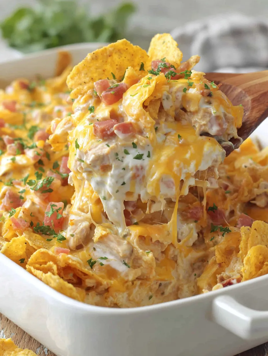 A plate of Dorito chicken casserole.