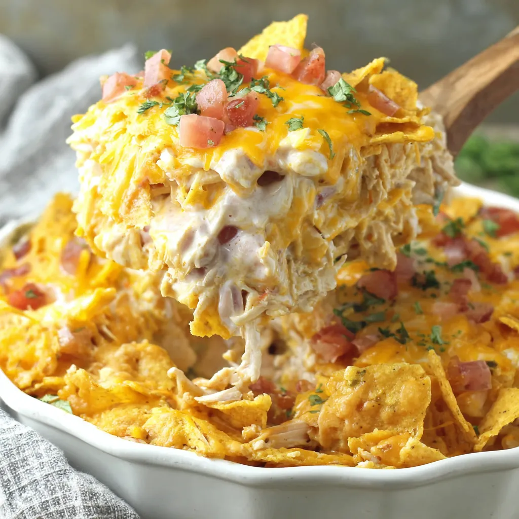 A bowl of Dorito chicken casserole.