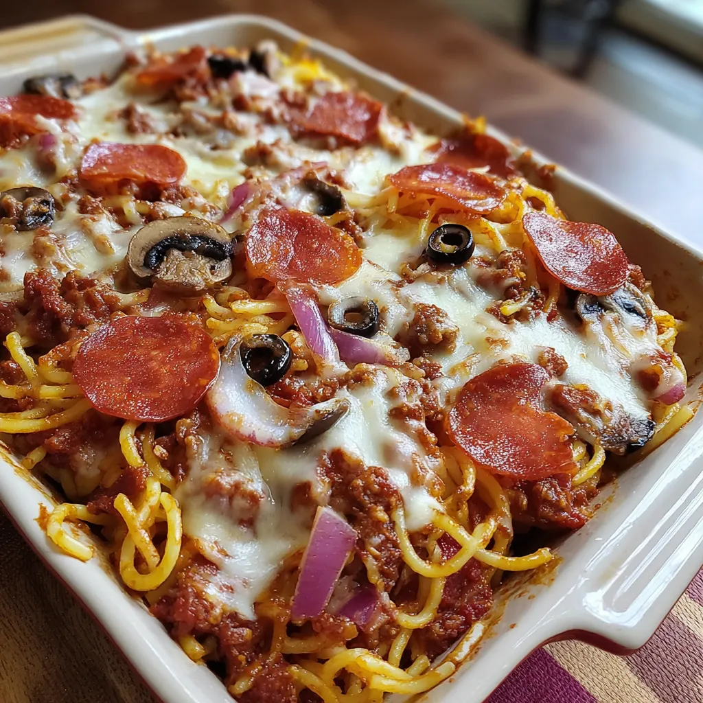 A dish of spaghetti pizza with pepperoni and mushrooms.