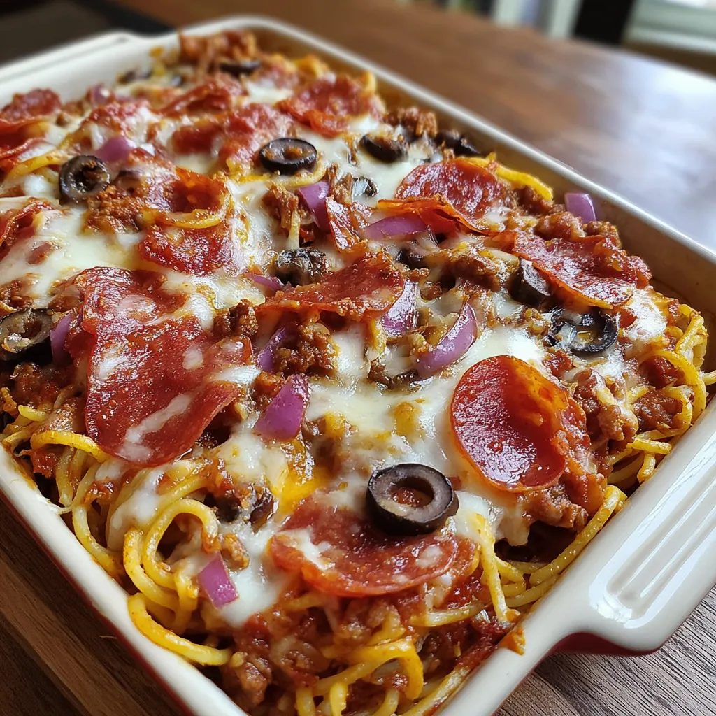 A dish of spaghetti pizza with pepperoni and olives.