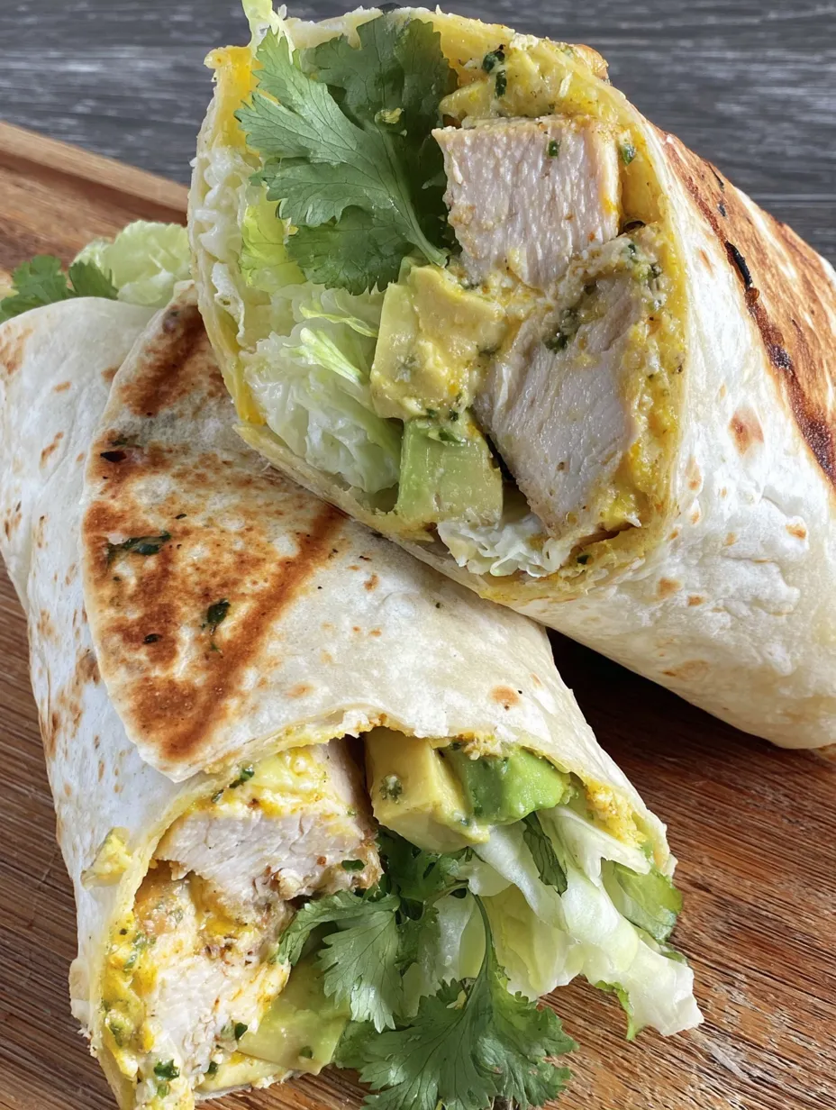 A chicken and avocado wrap is shown on a wooden table.