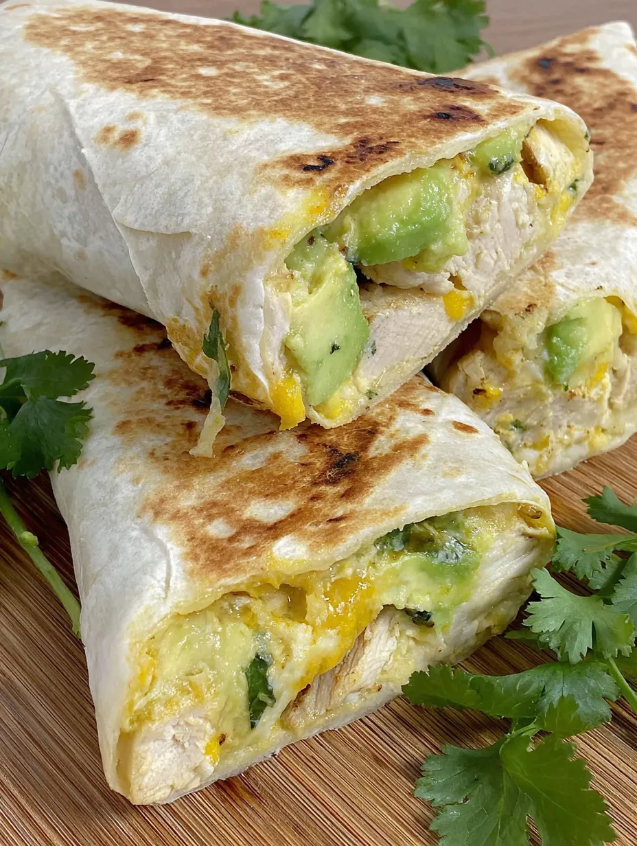 A chicken and avocado wrap on a wooden table.