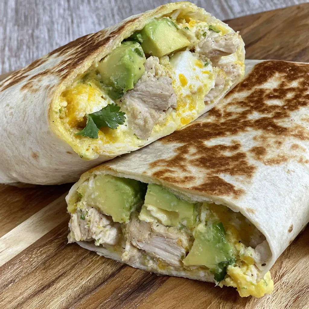 A chicken and avocado wrap on a wooden table.