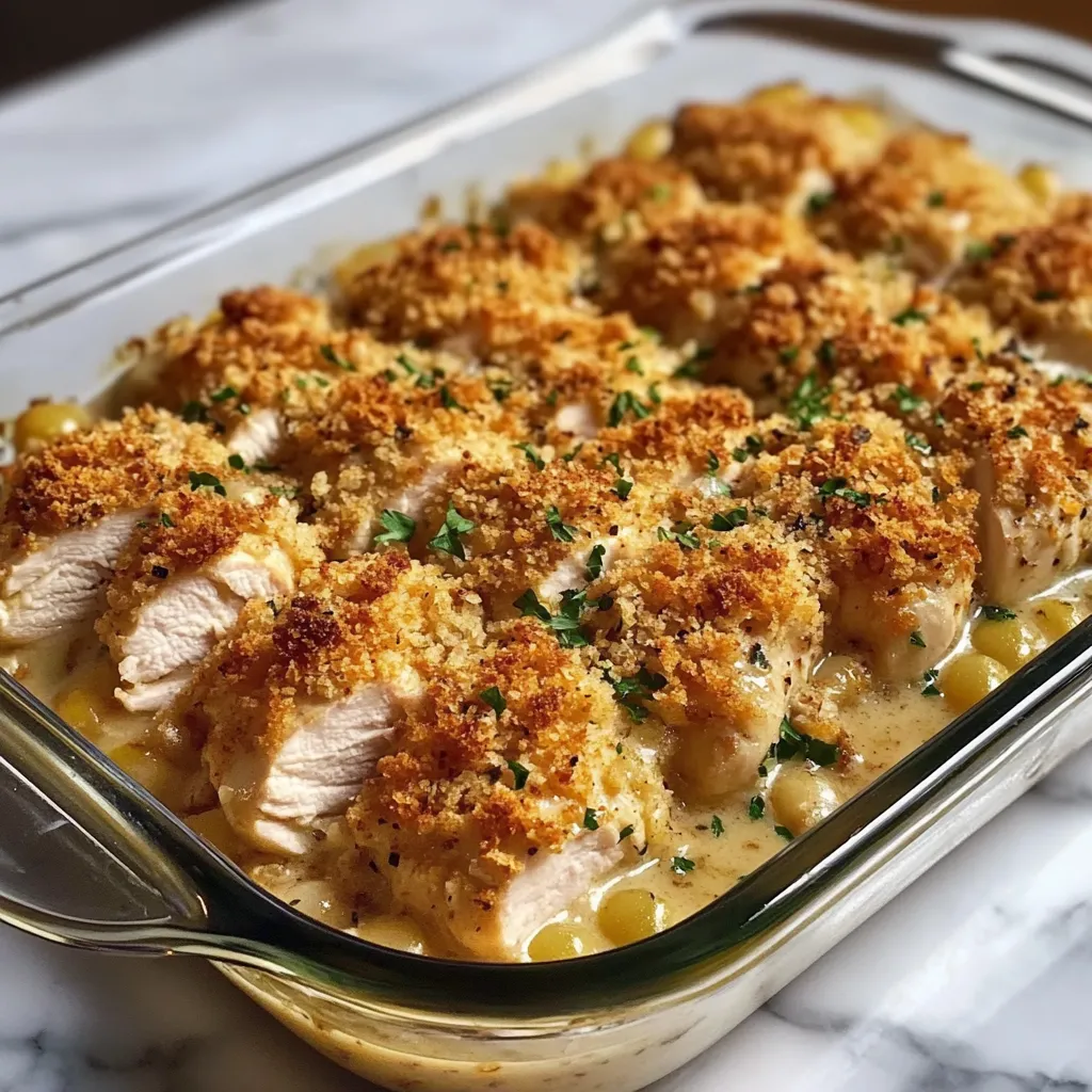 A dish with chicken and corn.