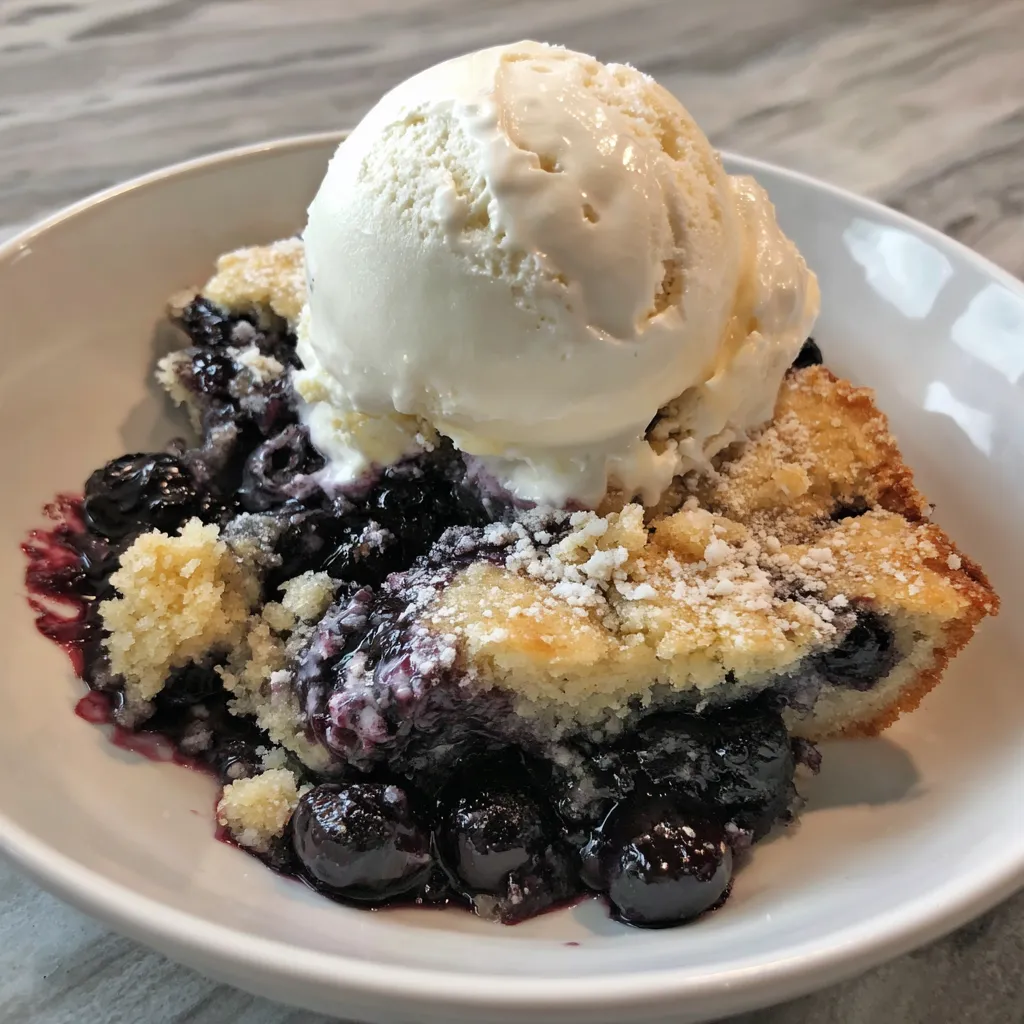 A slice of 3 ingredient blueberry cobbler.