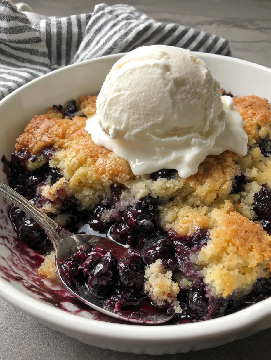 A bowl of blueberry cobbler with a scoop of ice cream on top.