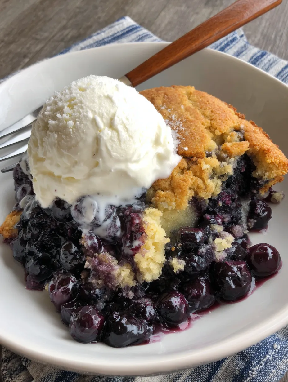 A slice of blueberry cobbler with a scoop of ice cream on top.