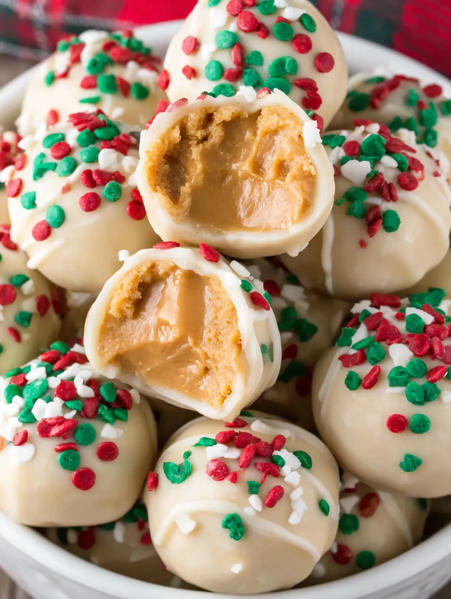 Peanut butter snowballs with white and red sprinkles.