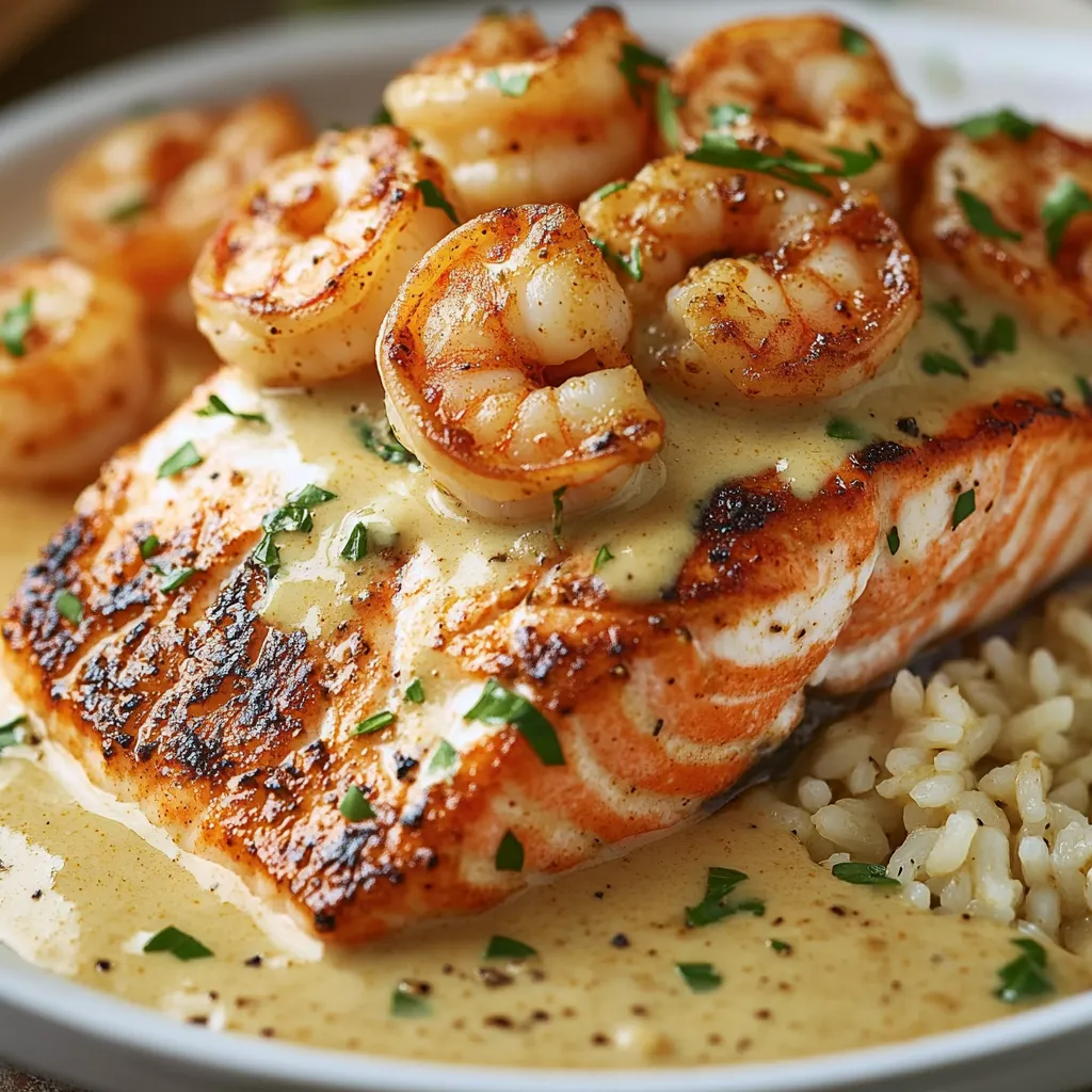 A plate of food with shrimp and salmon.
