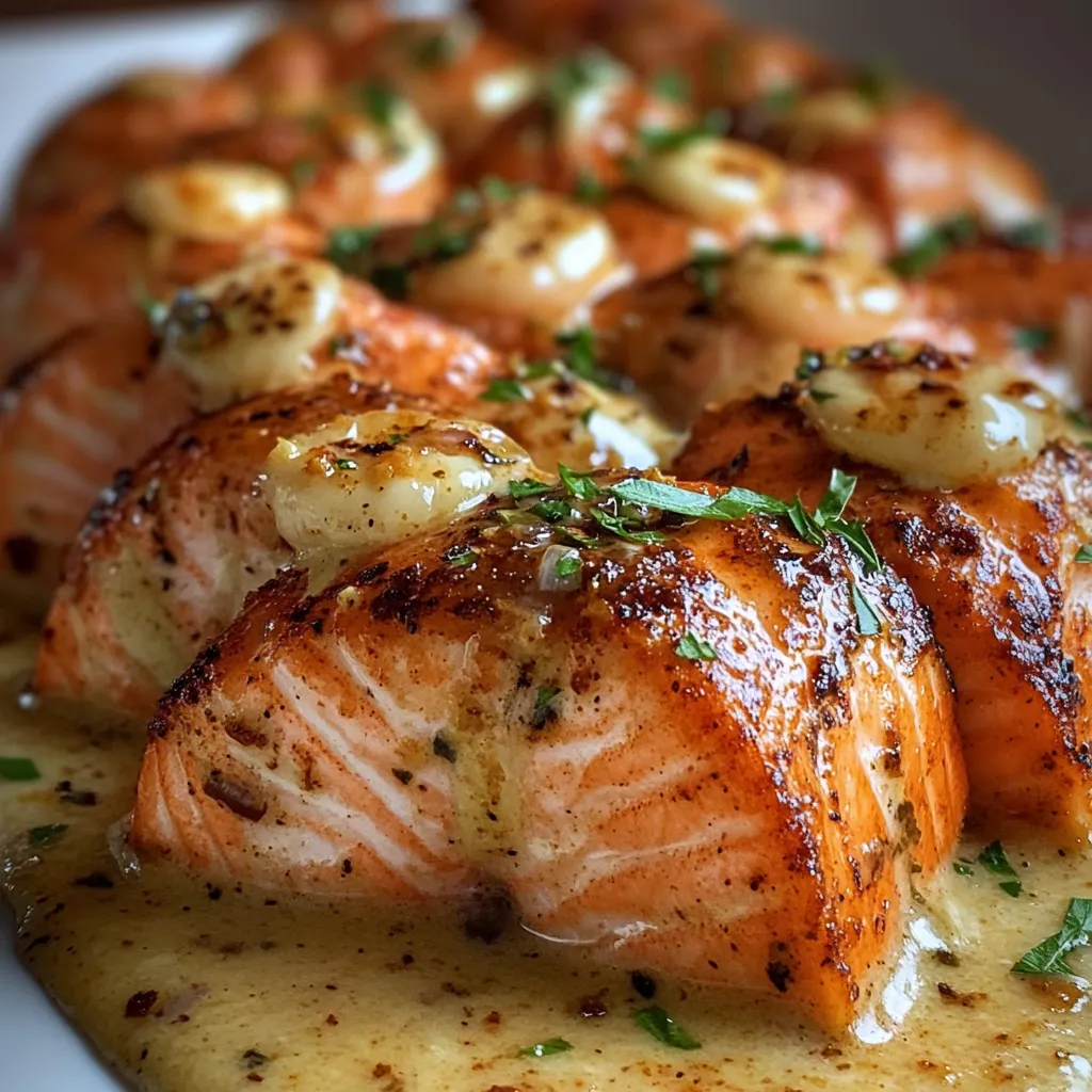 A plate of cooked salmon with garlic cream sauce.