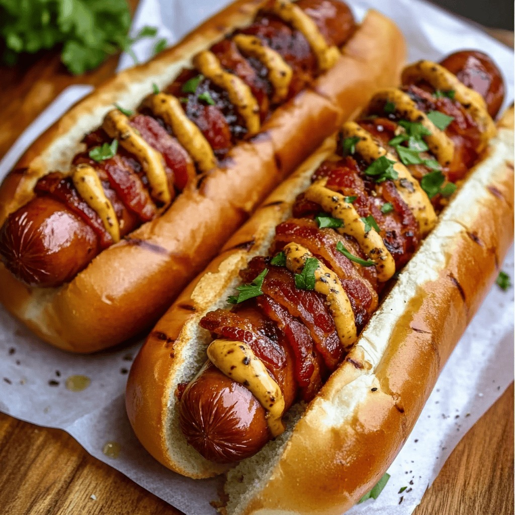 Two hot dogs with bacon wrapped around them.