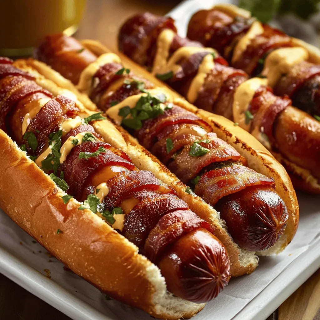 Two bacon-wrapped hot dogs on a plate.