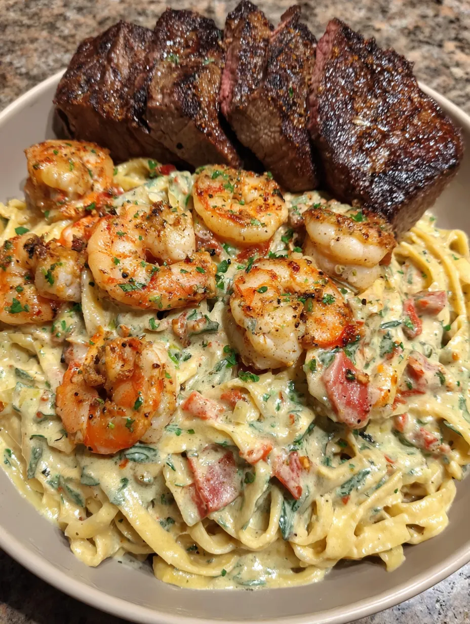 A bowl of food with shrimp and steak.