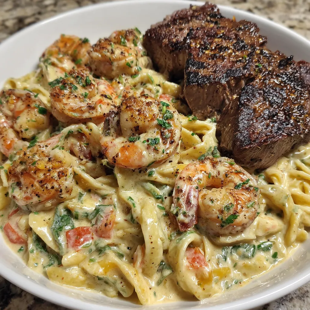 A plate of food with shrimp and steak.
