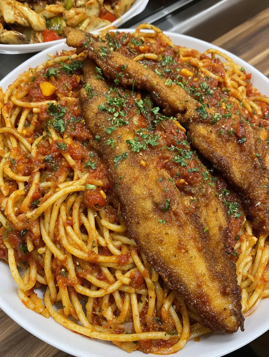 A plate of spaghetti with fish on top.
