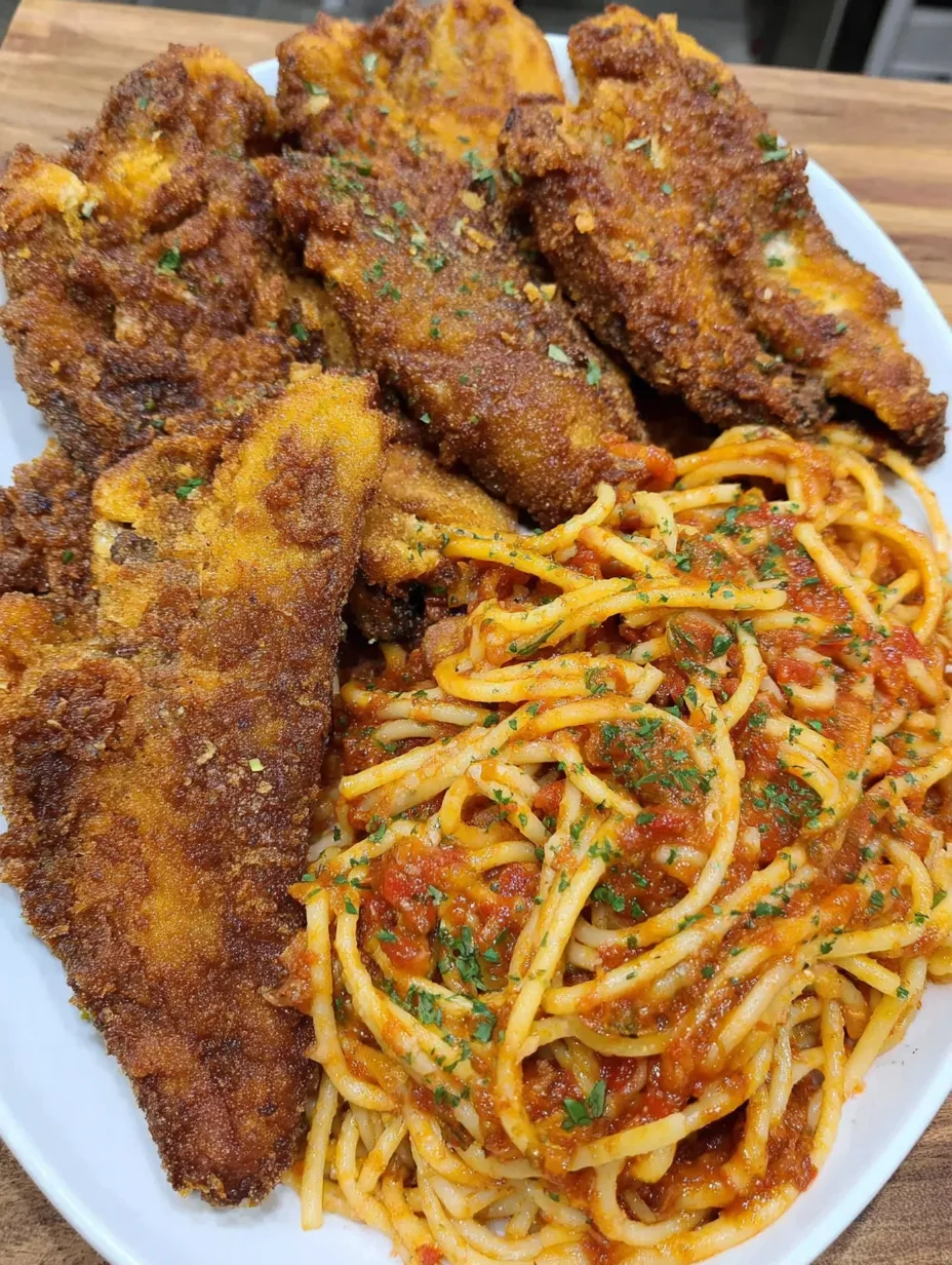 A plate of fish and spaghetti.
