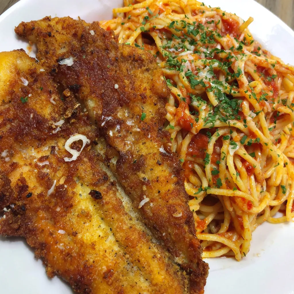 A plate of fish and spaghetti.