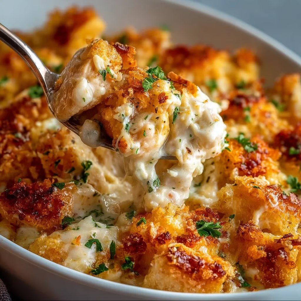 A spoon is in a bowl of creamy crack chicken bake.