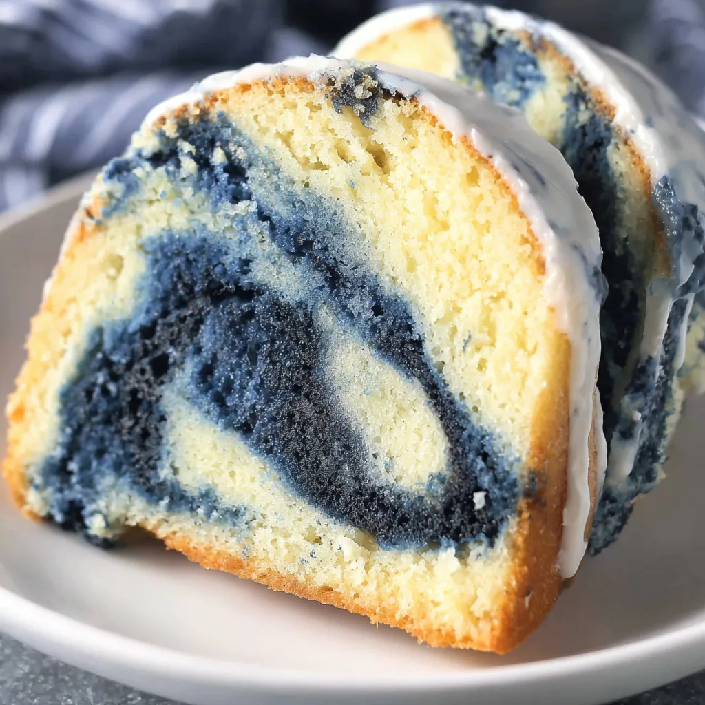 A slice of blue velvet swirl vanilla pound cake.