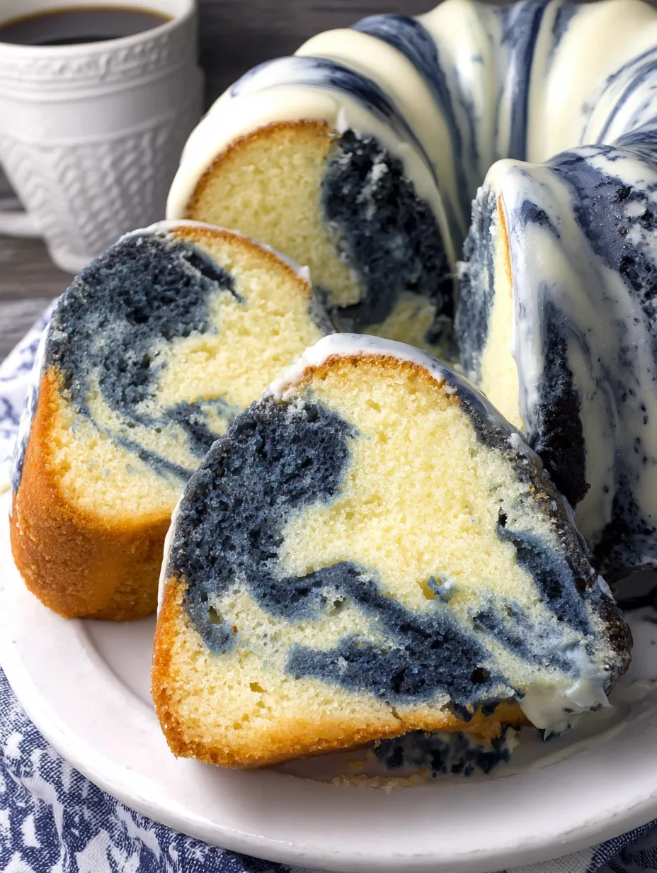A slice of blue velvet swirl vanilla pound cake.