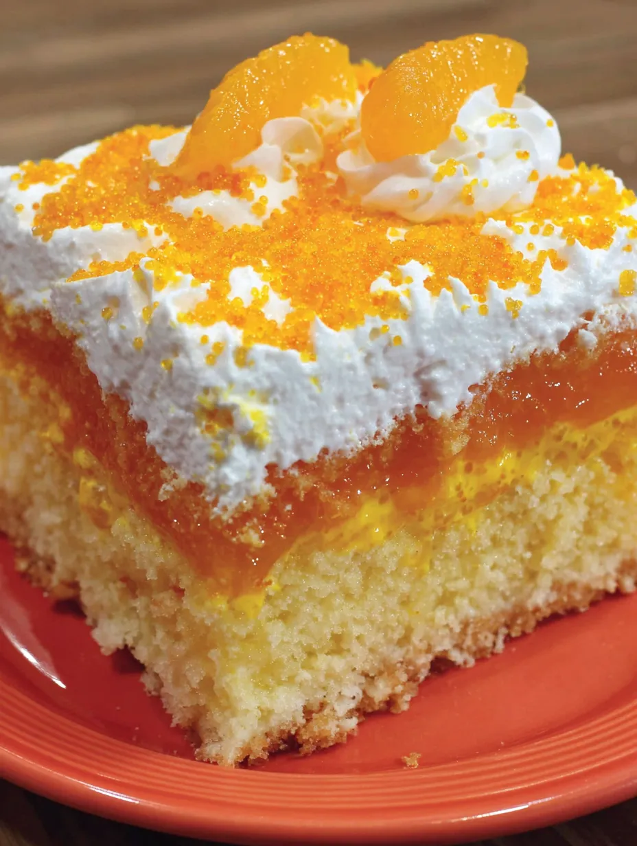 A slice of orange crush poke cake.