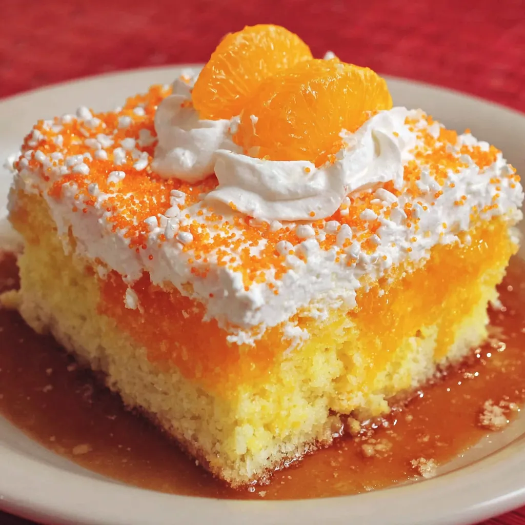 A slice of orange crush poke cake with whipped cream on top.