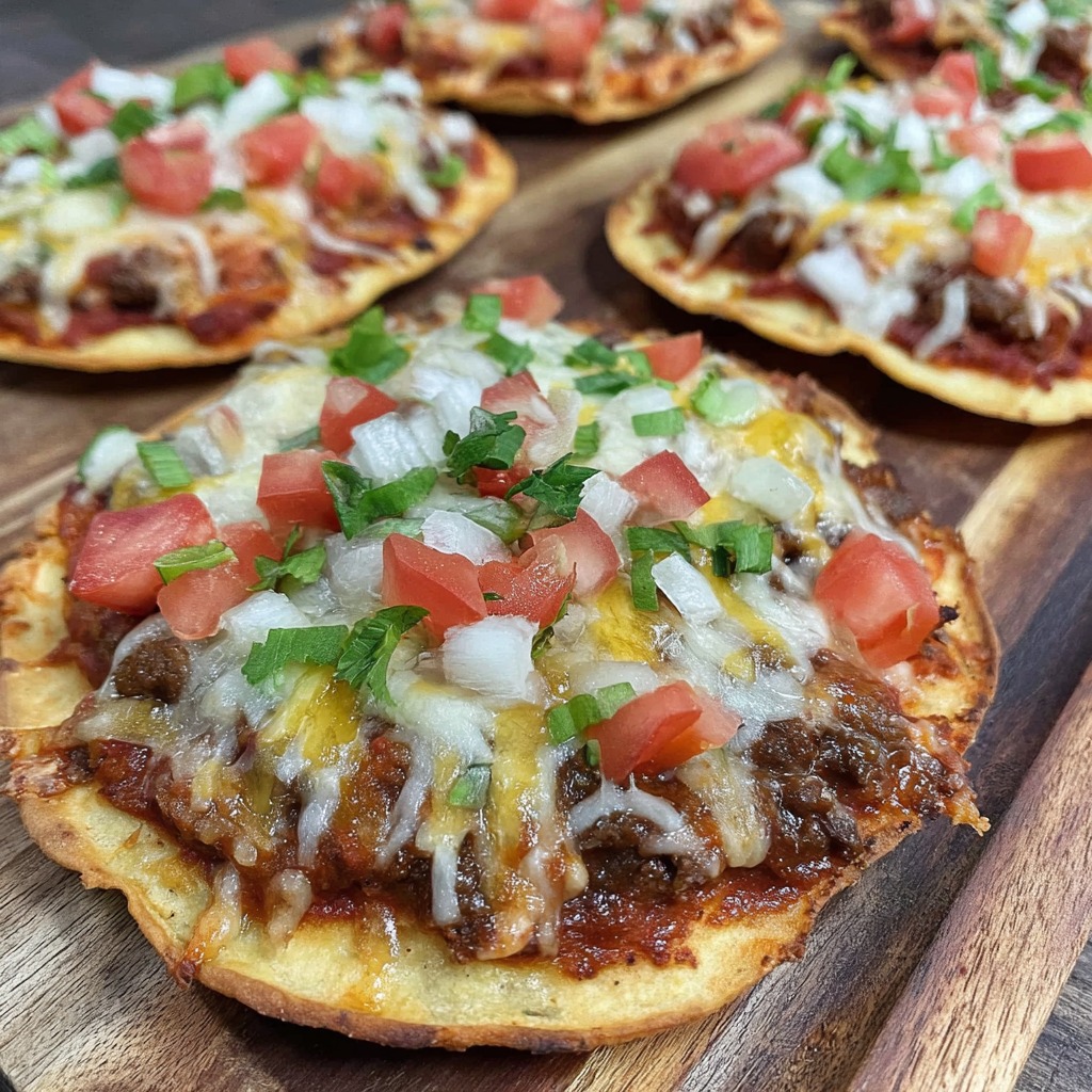 A pizza with meat and cheese on a wooden table.