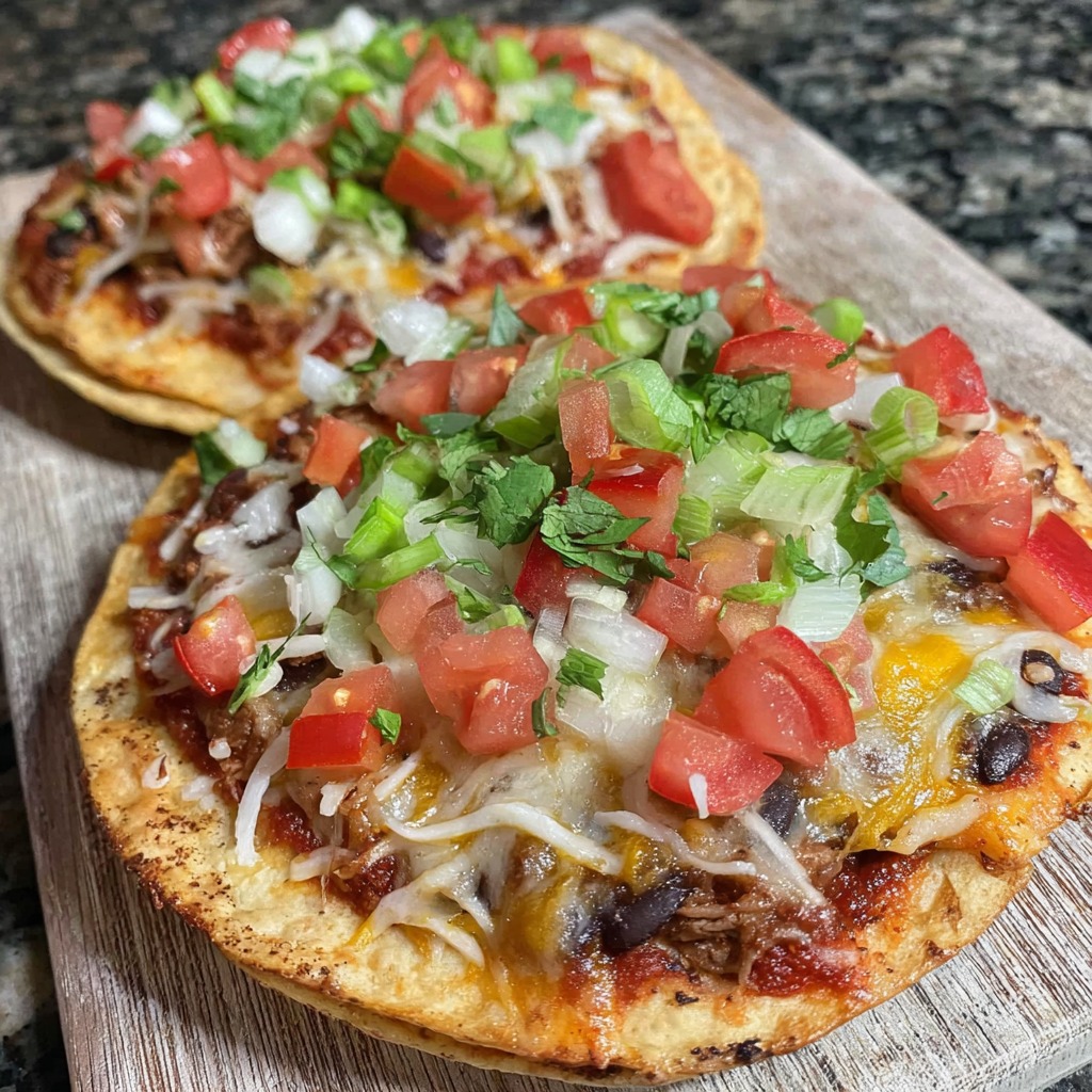 Two easy Mexican pizzas with tomatoes, cheese, and meat.