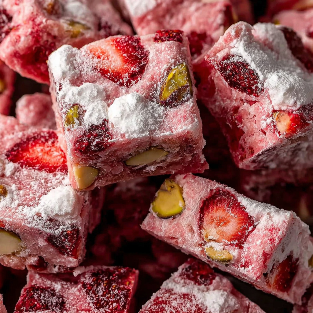 A close up of a strawberry snowflake crisp.