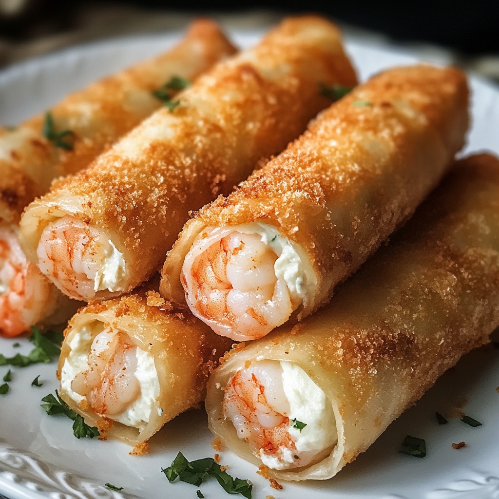 A plate of creamy shrimp cheese rolls.