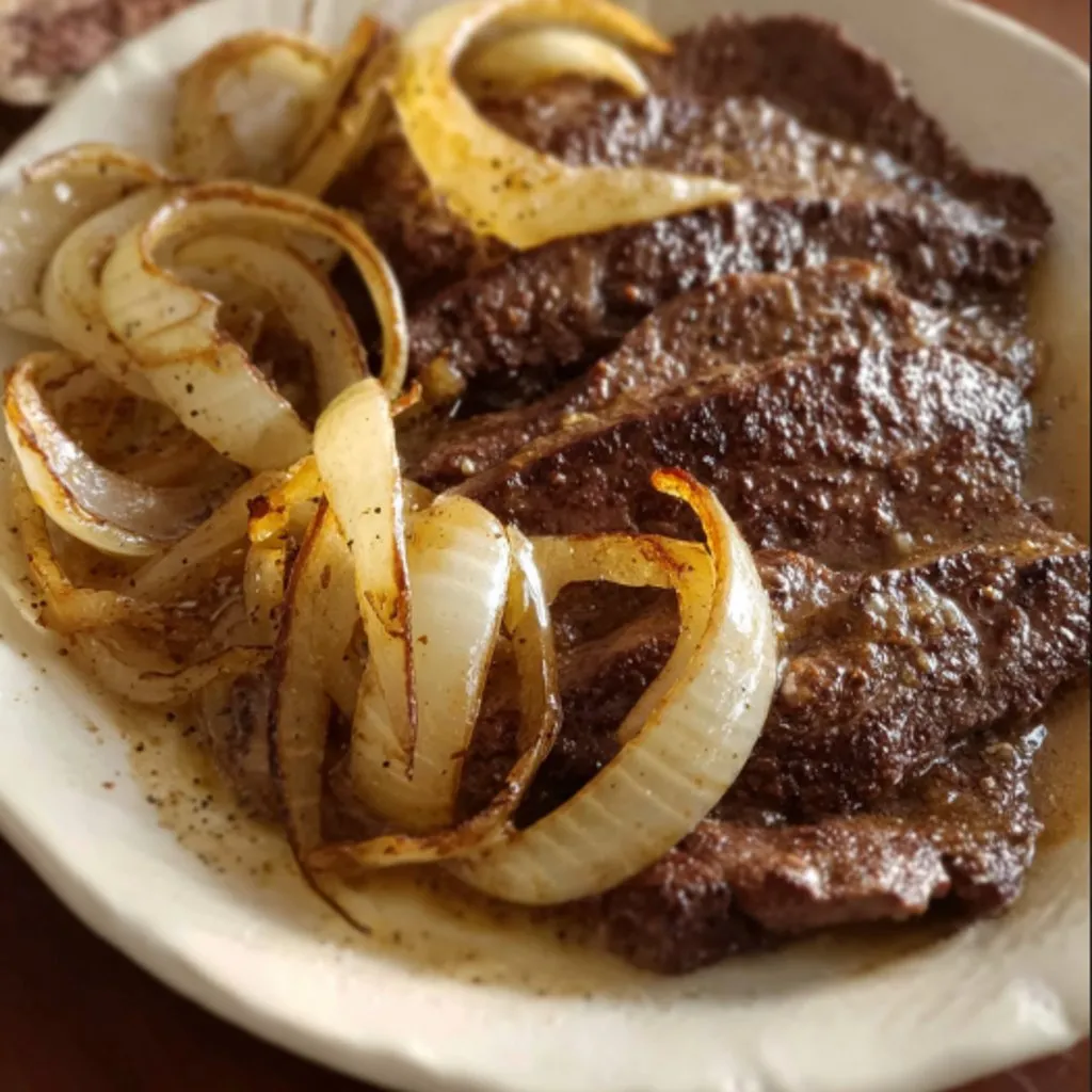 A plate of beef liver and onions.